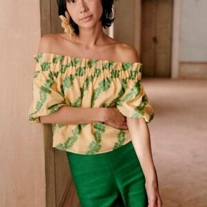 Sézane Macie Off-Shoulder Top in Yellow & Green Print, French Size 36 (US 4)